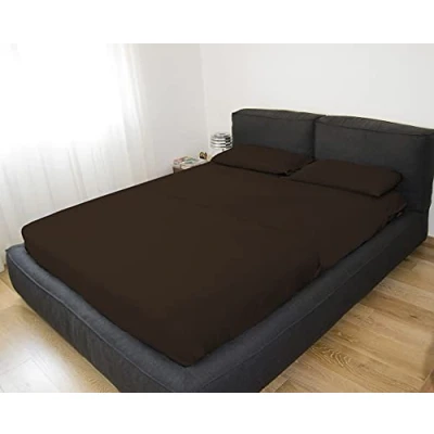 Immagine di GEMITEX Completo letto Matrimoniale, Colore MARRONE, con Trattamento NO STIRO, effetto Raso, in 100% Microfibra di poliestere. Composto da 2 lenzuola e federe TINTA UNITA. Made Italy
