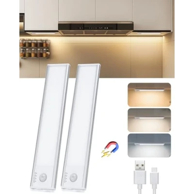 Immagine di Aigostar Luce Armadio con Sensore di Movimento e Batteria Ricaricabile， LED Sottopensile Cucina 1100mAh， Luminosità Colore Regolabili， Cavo USB C， Barra Adesiva Magnetica 20.4cm， 2pcs