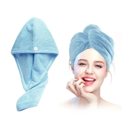 Immagine di Xkzhrr 2 Pezzi Asciugamano Capelli in Microfibra Asciugare Rapidamente i Bagnati senza Crespo, Morbido turbante capelli,turbante asciugacapelli,con Chiusura a Bottone (blu)