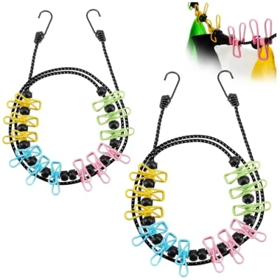 Immagine di com four® stendibiancheria da Viaggio 2X 180 350 cm per Filo Campeggio con Elastico Riflettente 12 Clip Metalliche ciascuno (colorato/Nero)