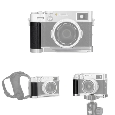 Immagine di JJC X100VI Impugnatura in Metallo per Fotocamera Fujifilm Fuji X100V X100F Piastra di Rilascio Rapido Tipo Arca Swiss Supporto a L Antiscivolo con Presa Migliorata, ARGENTO