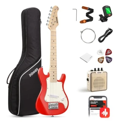 Immagine di Donner Kit per principianti chitarra elettrica da 30 pollici, ST Style Mini Bundle con amplificatore, sintonizzatore, capo, borsa, cinghia, corda, cavo (rosso)