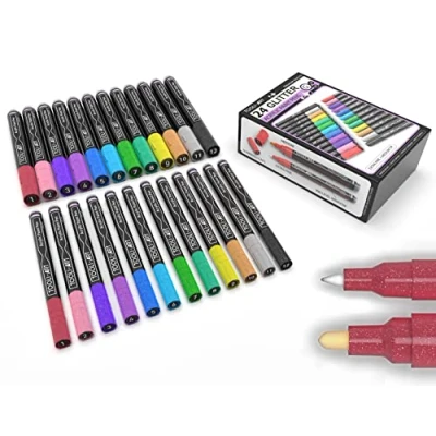Immagine di Set di 24 pennarelli acrilici glitter punta extra fine e media per pittura su roccia, vetro, tazze, tessuto, legno, tela, carta, non tossico, porcellana, a base d&#039;acqua, ad asciugatura rapida