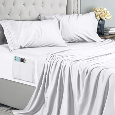 Immagine di Utopia Bedding Set Lenzuola Matrimoniali 4 Pezzi 180x200 cm Microfibra di Poliestere Lenzuolo con Angoli Tasche Portaoggetti, Piatto e 2 Federe Ricamate, Bianco