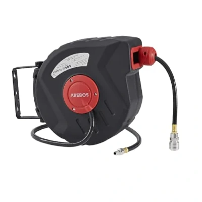 Immagine di Arebos Avvolgitubo automatico per tubo ad aria compressa 10 m fissaggio a parete attacco rapido da 1 4&quot; resistente ai raggi UV orientabile 180 incluso supporto di montaggio