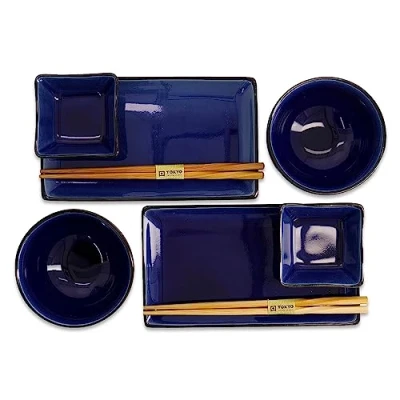 Immagine di TOKYO design studio, grigio, set di 2 piatti + ciotole salsa riso bacchette, 8 pezzi, gres visite Store (blu scuro)