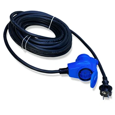 Immagine di CEE, cavo adattatore angolare con presa su contatto di protezione, 10 m, IP44, 230 V/16 A, 3 poli, per campeggio, barca, camper, blu
