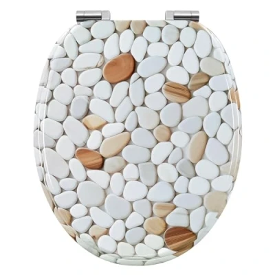 Immagine di WOLTU Tavoletta WC Ammortizzata, Copriwater ad Forma di O, Sedile per con Paracolpi Antiscivolo, in MDF Motivi a Ciottoli, Montaggio dal Basso, Distanza tra Fori 13 17,5cm, WS2965