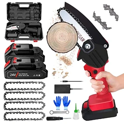 Immagine di Mini Motosega a Batteria per Potatura [Versione Aggiornata] con 2 Batterie, Chiusura di Sicurezza e 4 Catena, Seghetto Elettrico legno,red