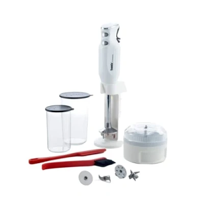 Immagine di bamix M350 MAXX Set frullatore a immersione con supporto, 2 bicchieri, 4 attrezzi, processore, spatola, spazzola per la pulizia, 350 Watt, prodotto in Svizzera, colore bianco e cromato