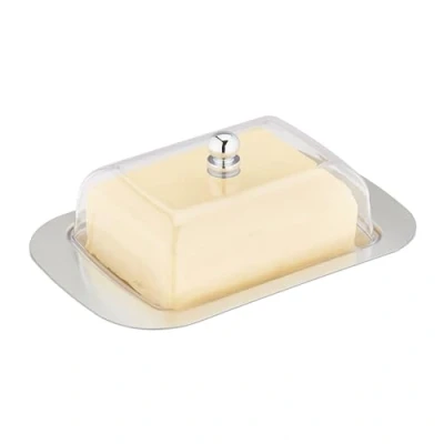 Immagine di Relaxdays Portaburro con Coperchio, Burriera in Acciaio Inox e Plastica 250 g di Burro 7x18,5x12 cm, Argento Trasparente, Metallo