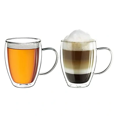 Immagine di Creano tazza termica a doppia parete con manico 250 ml, grande in vetro borosilicato, da caffè/tè 2x ml 2 pezzi (confezione 1)