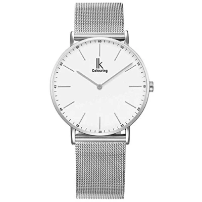 Immagine di Alienwork IK Orologio Uomo Donna Argento Cinturino in Maglia Metallo Bianco Ultra sottile