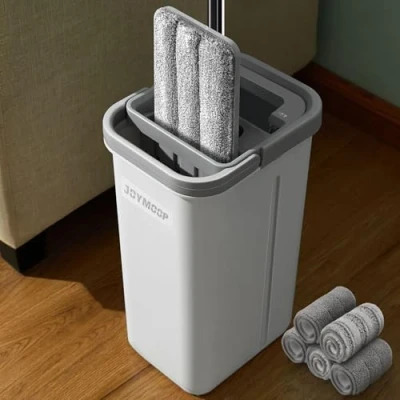 Immagine di JOYMOOP mocio e secchio con strizzatore, piatto per mani libere, 5 panni in microfibra lavabili, uso bagnato asciutto, sistema di pulizia del pavimento