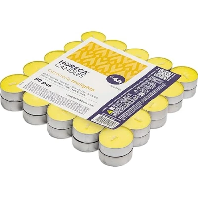 Immagine di Horeca Candles Candele Tealight alla Citronella Set da 50 Profumate Durata di Combustione 4 Ore Lumini Esterno, Balcone, Picnic, Campeggio