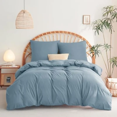 Immagine di WAVVE biancheria da letto 155 x 220 cm, 3 pezzi, grigio blu, copripiumino set con 2 federe 80 di in microfibra chiusura lampo,