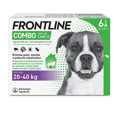 Immagine di FRONTLINE Combo, 3+3 Pipette, Cane Taglia L (20 40 kg), Antiparassitario per Cani e Cuccioli di Lunga Durata, Protegge il Anche la Casa da Pulci, Zecche, Uova Larve, Antipulci 6 Pipette