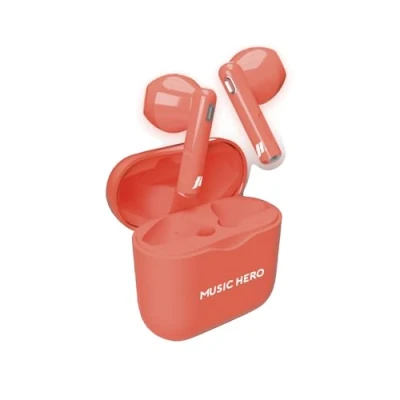 Immagine di Music Hero cuffiette auricolari wireless, colorazione fluo, tecnologia True Wireless Stereo (TWS), custodia di ricarica da 180 mAh, controlli touch, microfono integrato, semi in ear, rosso