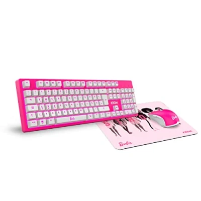 Immagine di KROM Kit tastiera, mouse e tappetino per Barbie KANDY Tastiera a membrana LED, ottico da 6400 DPI, in gomma morbida resistente, layout tedesca, colore rosa