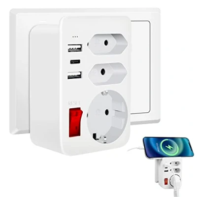 Immagine di Presa Multipla Salvaspazio, HANYEAL Prese Multiple Elettriche con 1 Polivalenti e 2 Bivalenti 10/16A, Tripla 3 Porte USB, USB 4000W,Multipresa Elettrica Spina 16A,