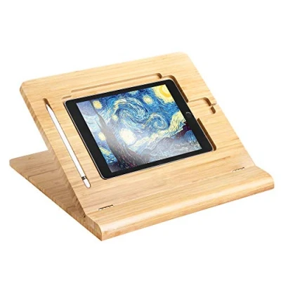Immagine di ELETIUO supporto per tablet, regolabile, pieghevole, multi angolo, in legno di bambù, da scrivania iPad, stabile disegnare, guardare e digitare (supporta più dispositivi)