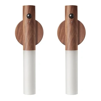 Immagine di LANDGOO luci notturne con sensore di movimento, magnetico per corridoio, luce LED ricaricabile, scala portatile, applique da parete in legno, a batteria (legno noce, 2 pezzi)
