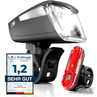 Immagine di VELMIA set di luci per bicicletta [100 LUX] Omologato StVZO con illuminazione particolarmente forte e durata 8,5 ore, a LED, resistenti alla pioggia ricaricabile, luce