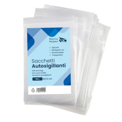 Immagine di Raylu Paper Sacchetti in Plastica Richiudibili Trasparenti, 100 Pezzi con Ziplock, Buste Richiudibili, Applicano a Cucina, Ufficio, Semi di Gioielli (8 x 12 cm)