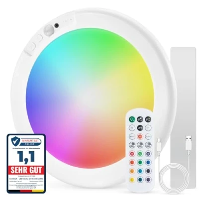 Immagine di Combuh Led Plafoniera Batteria Sensore Movimento, RGB Lampada da Soffitto Ricaricabile Senza Fili, con Telecomando, Per Garage, Ripostiglio, Balcone, Doccia, 1 Pezzo