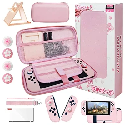 Immagine di HLRAO Borsa Set Accessori da viaggio Rosa Compatibile con Nintendo Switch, custodia design Sakura, protettiva rigida, supporto regolabile, proteggi HD e impugnatura pollice.【10 in 1】