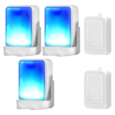Immagine di campanello luminoso con 7 colori di luce intensa e 4 volumi, wireless da 182,9 m, a casa/ufficio, adatto per anziani, persone problemi udito, 2 trasmettitori 3 ricevitori