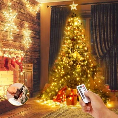 Immagine di Yizhet Luci Albero di Natale con Stella, 2M x 16 Stringa 400 LED Bianco Caldo 8 Modalità, Telecomando e Timer, Mantello Impermeabile IP44 per 1,5 a 2,5m