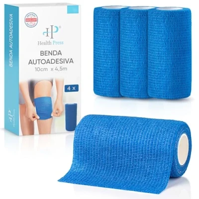 Immagine di Health Press® Fascia Autoadesiva 4 Rotoli Blu (10cm x 4,5m) Bendaggio Coesivo di Fissaggio Elastica per Umani e Animali Resistente all&#039;Acqua, Polvere Sporco