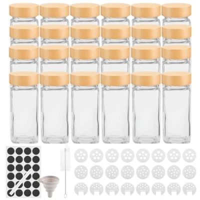 Immagine di Withosent 24pcs Barattoli Spezie con Coperchi a Vite in Legno, 120ml Contenitori per Cucina, Set Portaspezie Vetro Vasetti Setaccio, Etichette, Spazzola, Lmbuto