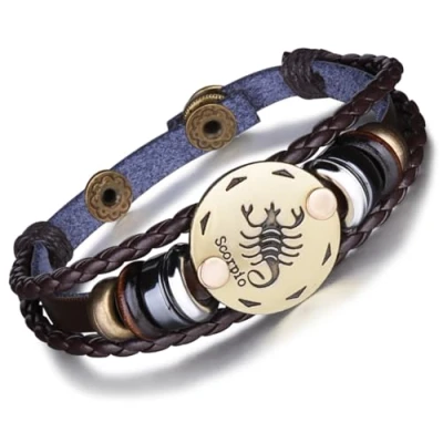 Immagine di Unendlich U Braccialetto con segni zodiacali, stile punk, per uomo e donna, in pelle intrecciata lega multistrato, 1 / 12 pezzi base metal, colore: Skorpion(Scorpio), cod. B2356 J
