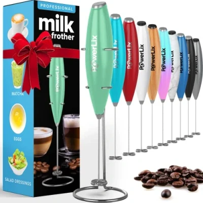 Immagine di PowerLix Frullino Montalatte Elettrico per Cappuccino Schiumatore Latte con Supporto in Acciaio Inossidabile, 15 20s, Potente 19000 giri/min, Manuale Latte, Cappuccino, Caffè