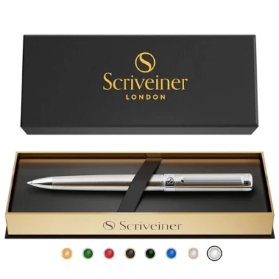 Immagine di Scriveiner Penna a sfera in acciaio inox di lusso con finitura inox, ricarica nera, set per uomini e donne, professionale, esecutiva. Stainless Steel Ballpoint Pen