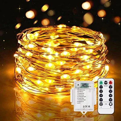 Immagine di Vacoulery led Stringa Luci a Batteria, 5M 50 LEDs 8 Modalità Lucine Decorative IP65 Impermeabile con Telecomando, Timer e Dimmer per Interni Esterni, Natale, Matrimonio (1 Pezzi, Bianco Caldo)