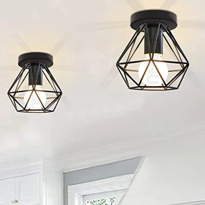 Immagine di iDEGU 2 Pezzi Plafoniere E27 Vintage Lampada da Soffitto Design Industriale in Forma di Gabbia 16cm Paralume Matal Nero Retro Lampadario per Camera Letto, Cucina, Corridoio