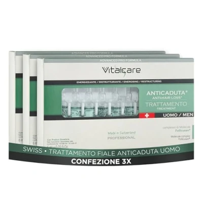 Immagine di Vitalcare Swiss Trattamento Anticaduta Uomo, Energizzante, Ristrutturante, con Complesso di Molecole Follicusan, 3 x 10 Fiale Capelli Uomo da 6 ml, Pratico Dosatore
