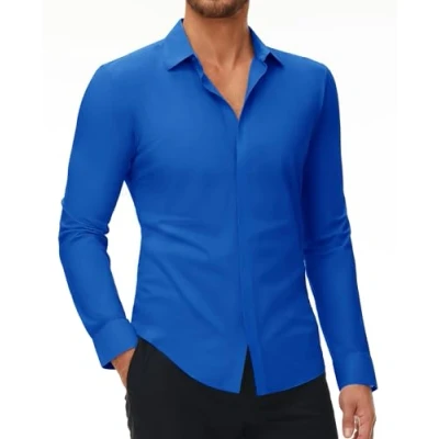Immagine di DEMEANOR Camicia elasticizzata da uomo a maniche lunghe, slim fit, business, senza stiratura, uomo, per il tempo libero, Blu, XXL