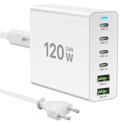 Immagine di Caricatore USB c 120W GaN， multiplo【4USB + 2USB A】 PD, stazione di ricarica a 6 porte compatibile con iPhone/Samsung/Google/Tablet e altri dispositivi (bianco)