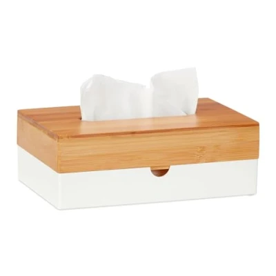 Immagine di Relaxdays Contenitore per Fazzoletti, Coperchio in bambù, Dispenser Portafazzoletti, 8,5x23,5x15 cm, Bianco Naturale, Plastica