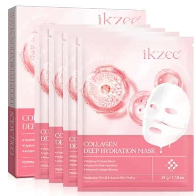 Immagine di 4 Pezzi Maschera Viso al Collagene, Bio Collagen Real Deep Mask, Idratazione Intensa, Film di collagene puro, Riduce le Linee Sottili e Rughe, Minimizzare i Pori, Migliorare l&#039;elasticità