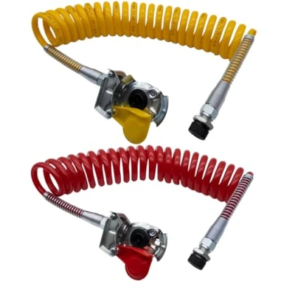 Immagine di SERTPLAS m16 Rullo ad aria compressa, tubo a chiocciola M16, protezione antipiega giallo e rosso con testa frizione valvola, per trattori,