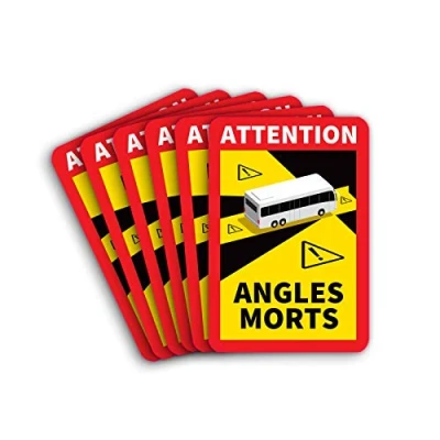 Immagine di 6 targhe magnetiche con la scritta in francese “Angle Morts, da posizionare negli angoli ciechi di autobus e camper, segnali avviso protezione UV, dimensioni: 25 x 17 cm