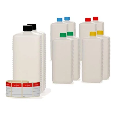 Immagine di Octopus 10x 1000 ml Bottiglie in plastica, plastica HDPE con Tappi a Vite variopinti, vuote coperchi Colorati, quadre Etichette compilabili Incluse