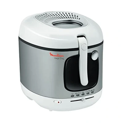 Immagine di Moulinex Friggitrice elettrica, serbatoio da 3 litri, rivestimento antiaderente, termostato, timer, indicatore luminoso, setaccio filtrante brevettato, filtro a carbone, Mega AM480070, bianco/argento