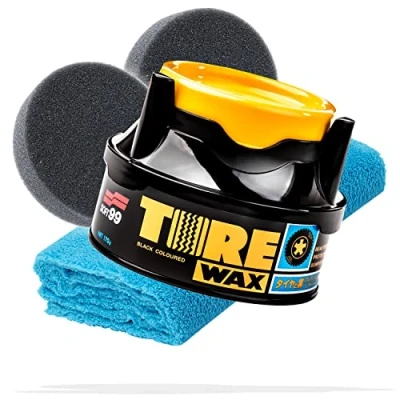 Immagine di detailmate Base per la cura dei pneumatici e della plastica, Soft99 Tire Black Wax 170 g + 2 tamponi applicatori 1 panno in microfibra da 550 g/m², cera con effetto colorante