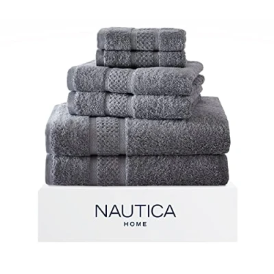 Immagine di Nautica Set di 6 asciugamani da bagno, in cotone assorbente e resistente allo sbiadimento, decorazione per il bagno alla moda, certificato Oeko Tex (grigio oceano, pezzi)